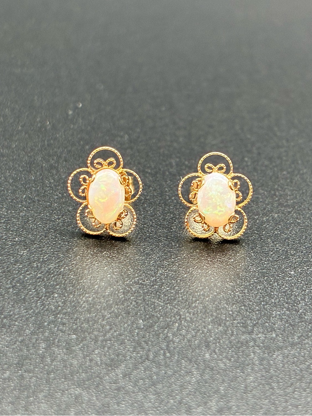 Opal & 14k Gold Floral Filigree Vintage Stud Earrings